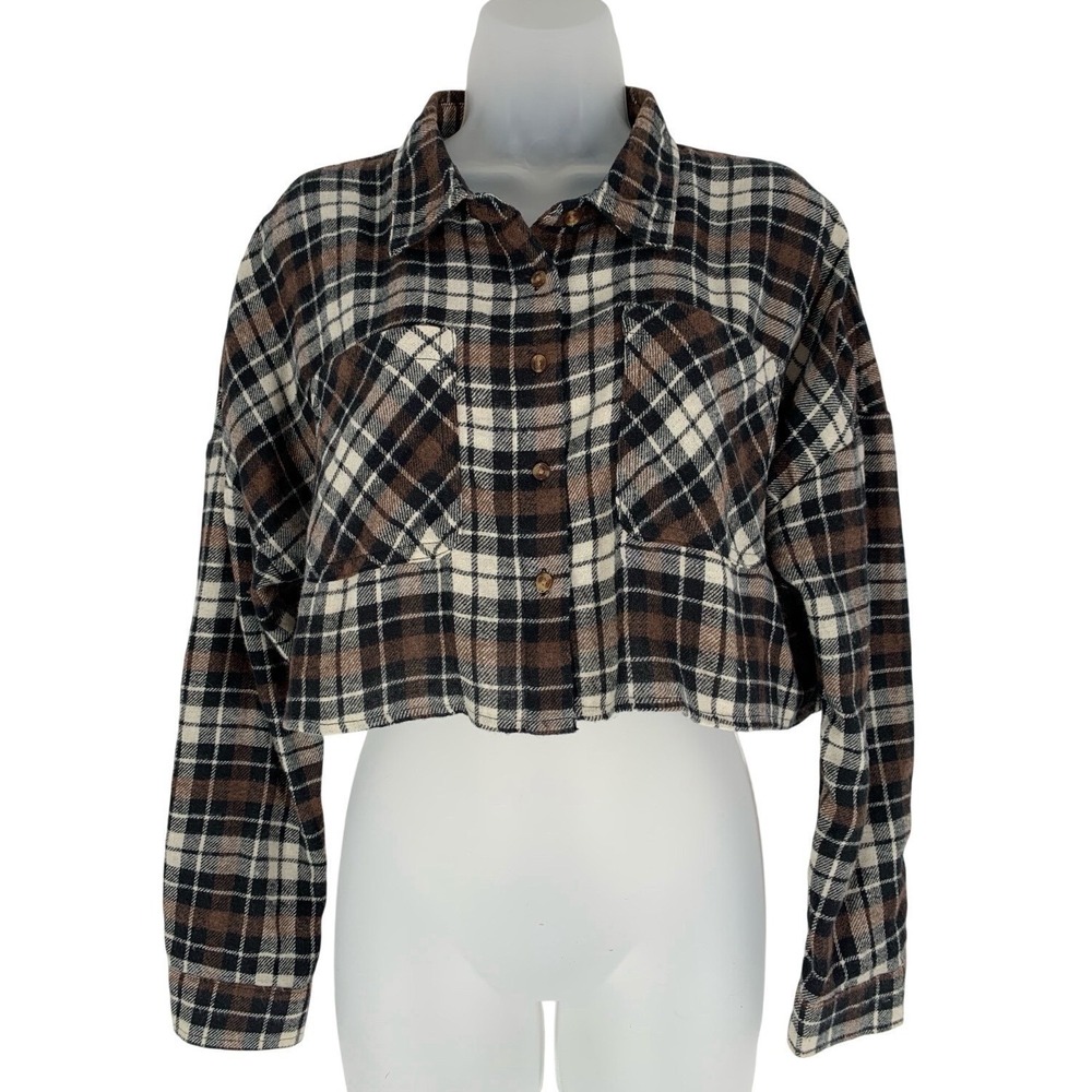 Ci Sono Cropped Plaid Flannel Brown Black Tartan Button Up Top-Medium Grunge
